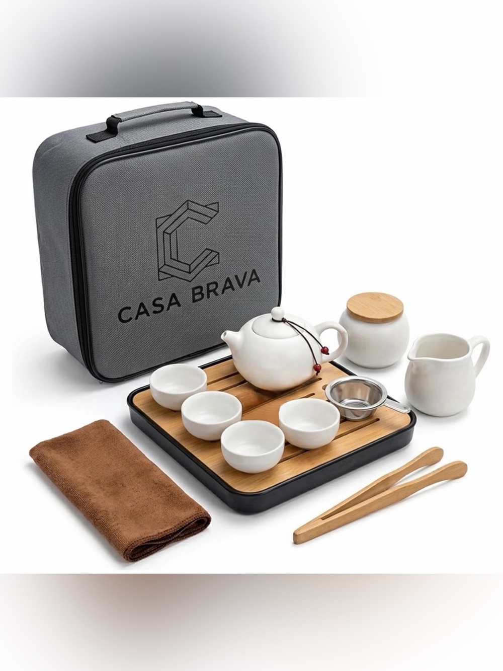 Portable Tea Set - White Ceramic with Bamboo Tray